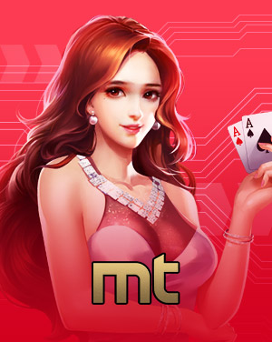 MWIN8 Mini Ted (MT) 3D Games provider banner with elegant female character holding playing cards on a red background.