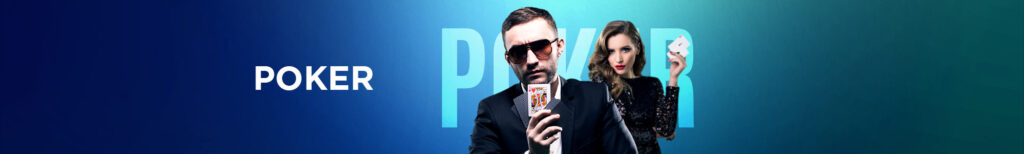 Two stylish poker players holding cards with a bold “POKER” background, promoting MWIN8 online poker.