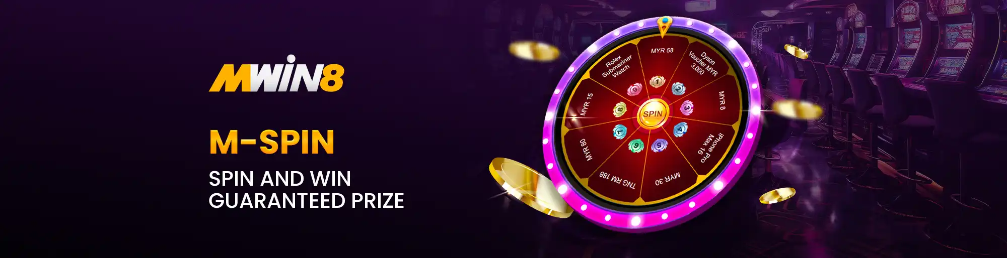 MWIN8 M-Spin banner with a glowing spin wheel offering guaranteed prizes, including cash rewards, vouchers, and special gifts.