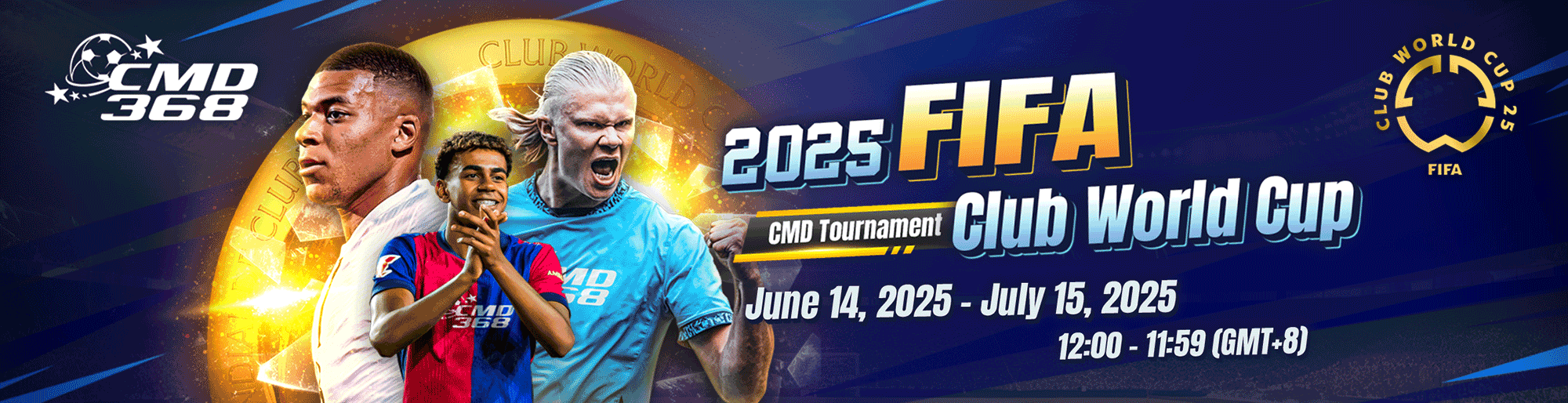 MWIN8 FIFA Club World Cup 2025 banner featuring CMD368 tournament, football stars, and event dates June 14 – July 15, 2025.