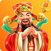 MWIN8 slot game featuring a smiling God of Wealth character with gold coins, symbolizing fortune and big wins.