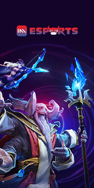 MWIN8 Esports provider, IM Esports banner featuring fantasy game characters with glowing blue weapons on a dark background.