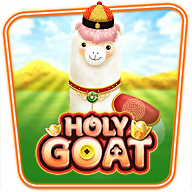 MWIN8 Holy Goat slot game featuring a cheerful white goat in traditional attire with gold coins.