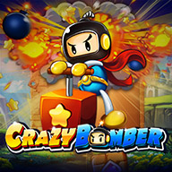 MWIN8 Crazy Bomber slot game featuring a cartoon bomber hero with explosions in the background.