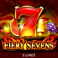 MWIN8 Fiery Sevens slot game featuring the number 7, classic fruits, and blazing flames.