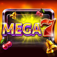 MWIN8 Mega 7 slot game with glowing sevens, cherries, and golden bells.