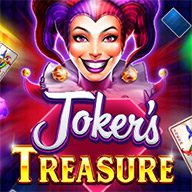 MWIN8 Joker’s Treasure slot game featuring a vibrant jester with playing cards and colorful gems.