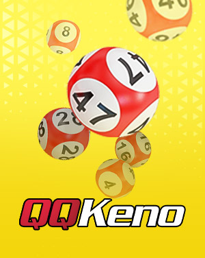 QQKeno lottery balls with numbers displayed on a bright yellow background.
