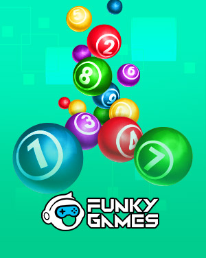 Colorful Funky Games lottery balls with numbers on a bright teal background.