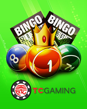 TC Gaming lottery balls with bingo cards and golden crown on a bright green background.