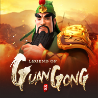 MWIN8 The Legend of Guan Gong slot game featuring the heroic Chinese warrior in golden armor with a fiery battlefield background.