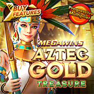 MWIN8 Aztec Gold Treasure Megawins slot game featuring a golden temple backdrop and an Aztec queen with vibrant feathered headdress.
