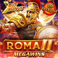 MWIN8 Roma II Megawins slot game with a Roman gladiator in golden armor, shield, and sword ready for battle.