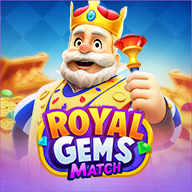 MWIN8 Royal Gems Match slot game featuring a cheerful king holding a scepter with sparkling gems in the background.