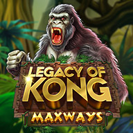 MWIN8 Legacy of Kong Maxways slot game featuring a roaring gorilla in a jungle setting with the game title displayed.