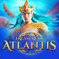 MWIN8 Treasure of Atlantis slot game featuring a crowned sea god with flowing turquoise hair and the game title displayed.