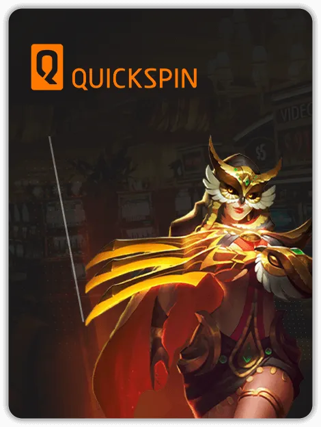 MWIN8 Quickspin slots banner featuring a mystical warrior woman in a golden owl mask with glowing armor.