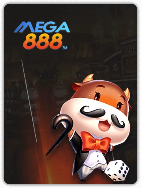 MWIN8 Mega888 slots provider banner featuring a cheerful cartoon bull in a tuxedo holding dice and a cane.