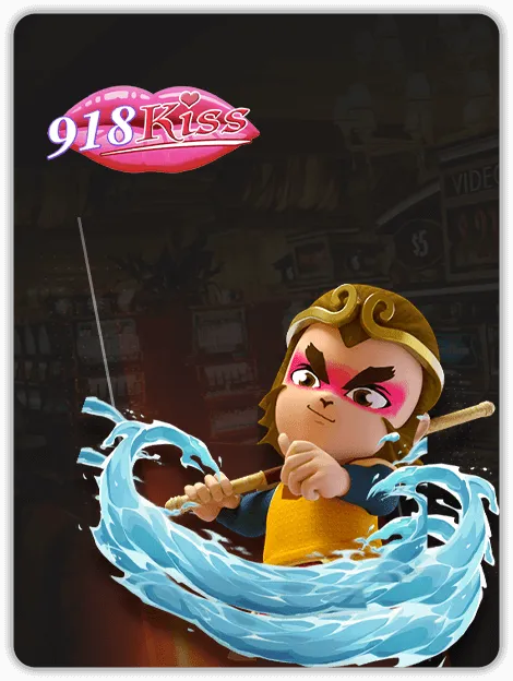 MWIN8 918Kiss slots provider banner featuring a cartoon warrior with a staff, surrounded by water waves.