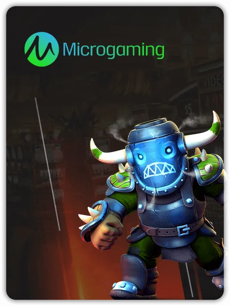 MWIN8 Microgaming slots banner featuring a fantasy warrior in blue armor with glowing details.