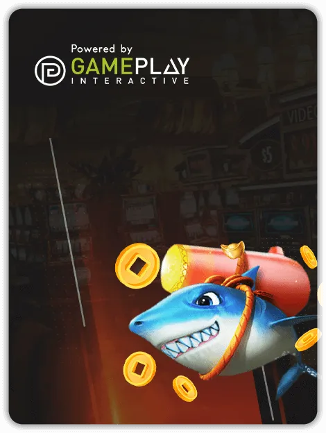MWIN8 Gameplay Interactive slots banner featuring a smiling shark carrying dynamite with gold coins floating around.