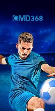 Soccer player in blue jersey kicking a ball with CMD368 logo above, representing MWIN8 sports betting provider CMD368.