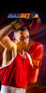Boxer in red gear raising his gloves with Maxbet logo above, representing MWIN8 sports betting provider Maxbet.